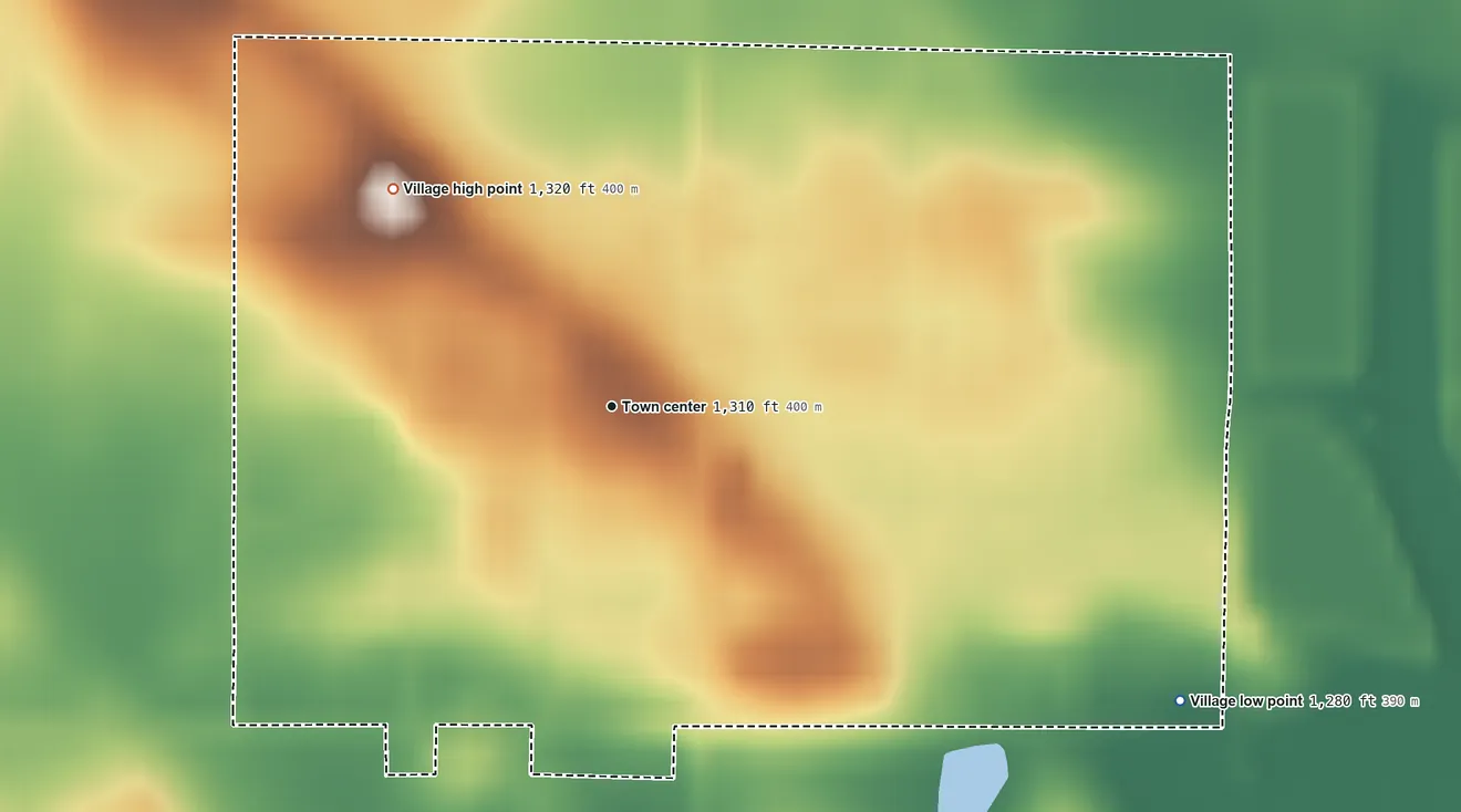 Topographic elevation map of Cedar Bluffs, Nebraska, shaded from 1,280 ft on the southeast side to 1,320 ft on the northwest side