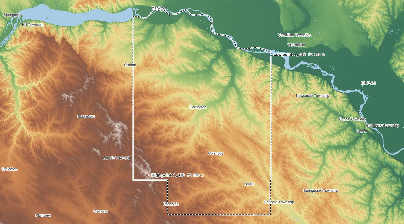 Topographic elevation map of Cedar County, Nebraska, shaded from 1,130 ft on the northeast side to 1,930 ft on the southwest side