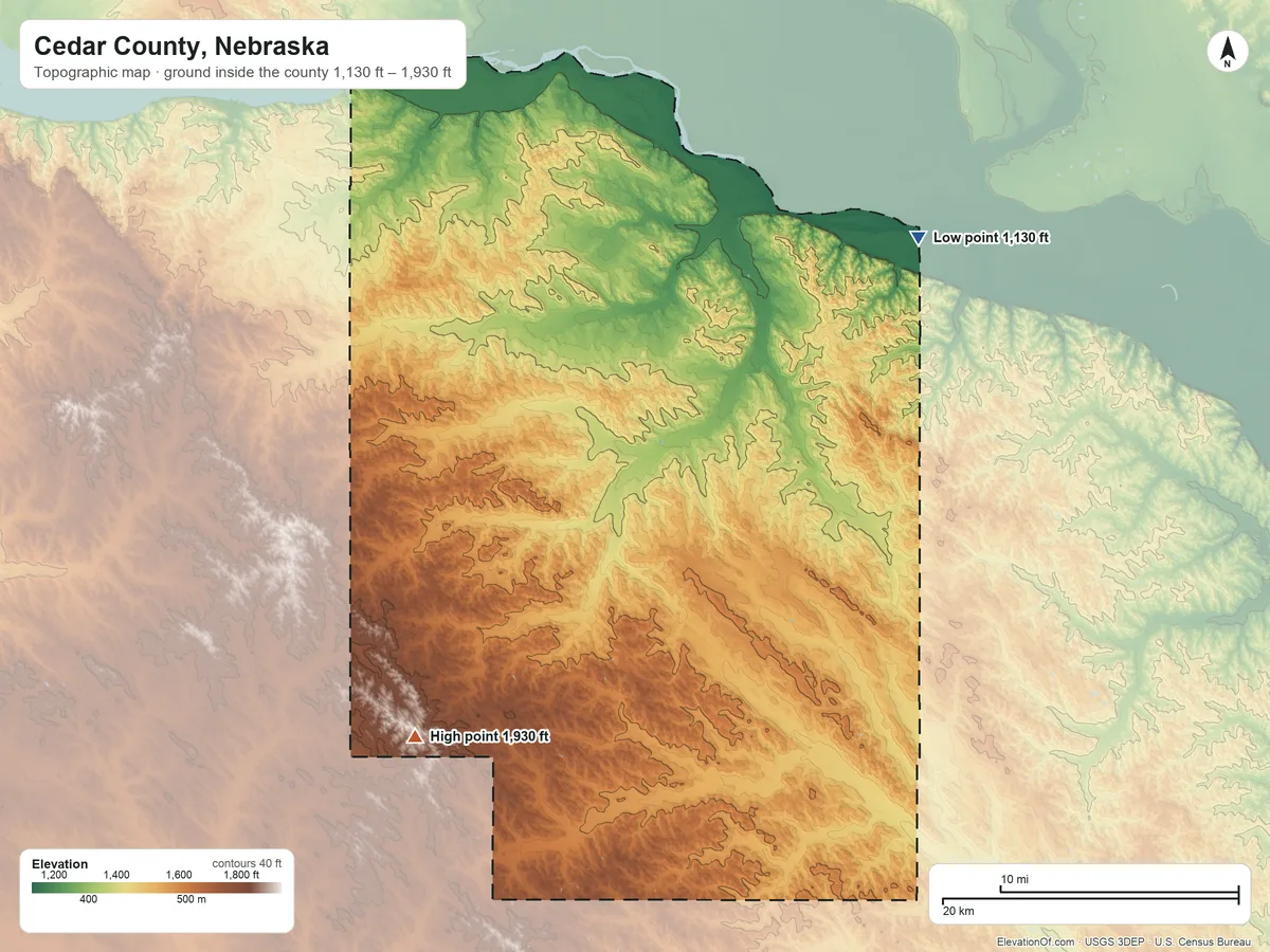 Topographic elevation map of Cedar County, Nebraska, shaded from 1,130 ft on the northeast side to 1,930 ft on the southwest side