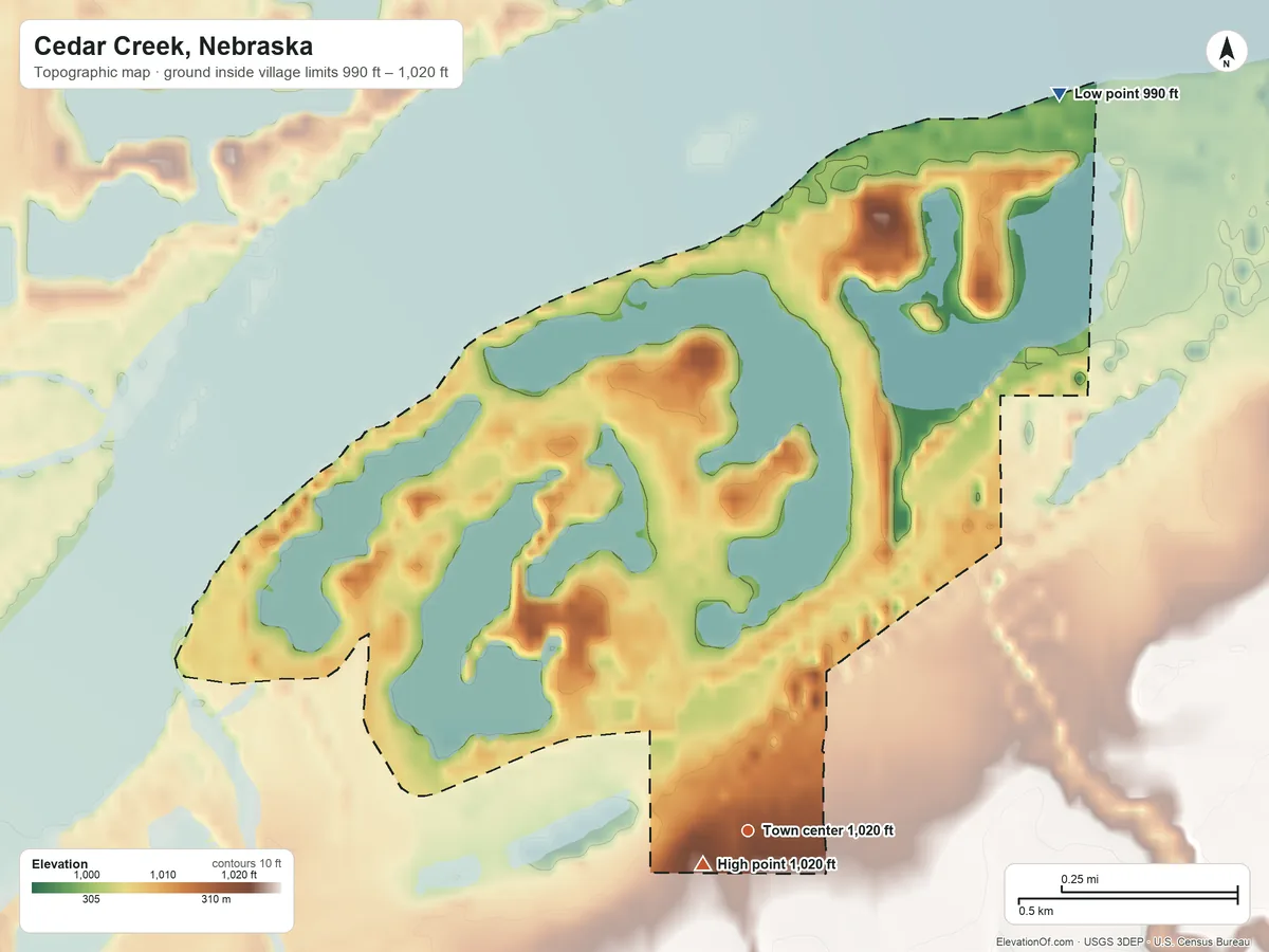 Topographic elevation map of Cedar Creek, Nebraska, shaded from 990 ft on the northeast side to 1,020 ft near the middle