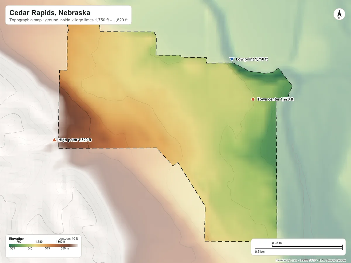 Topographic elevation map of Cedar Rapids, Nebraska, shaded from 1,750 ft on the northwest side to 1,820 ft on the west side
