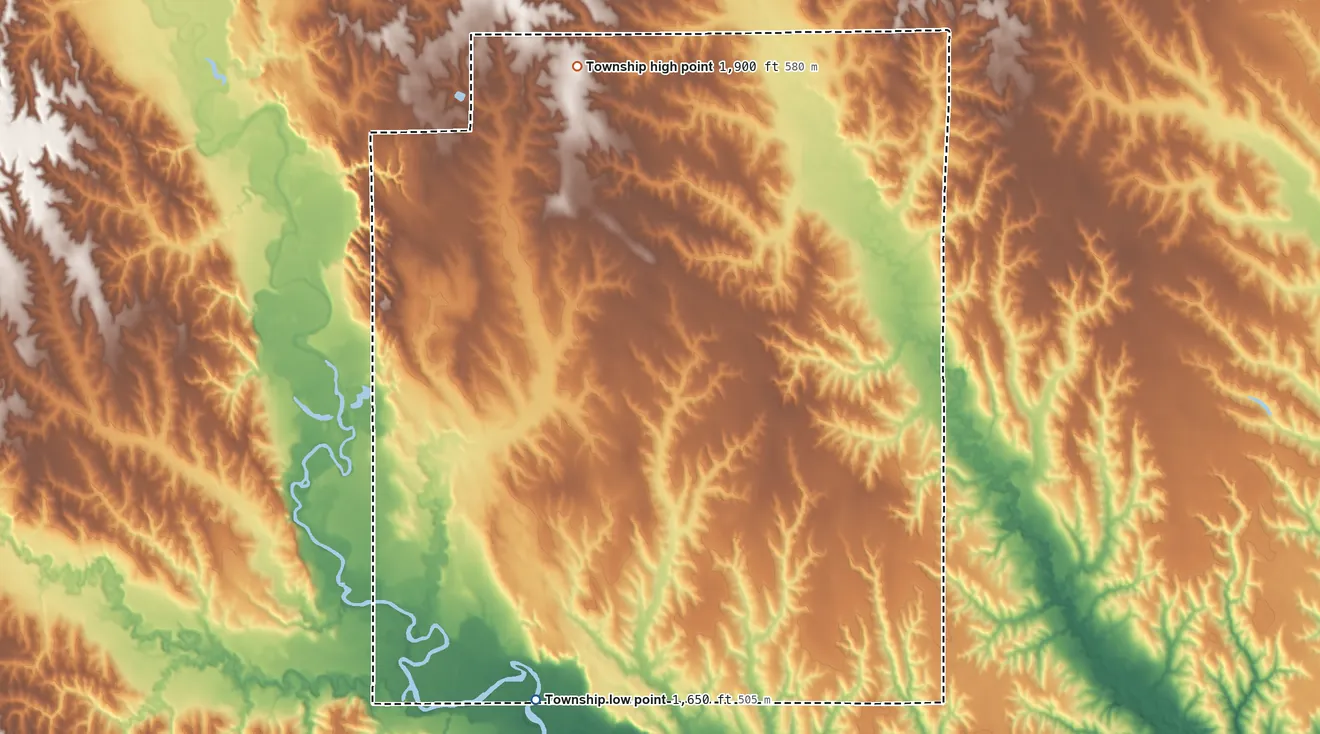 Topographic elevation map of Cedar Township, Nebraska, shaded from 1,650 ft on the southwest side to 1,900 ft on the northwest side
