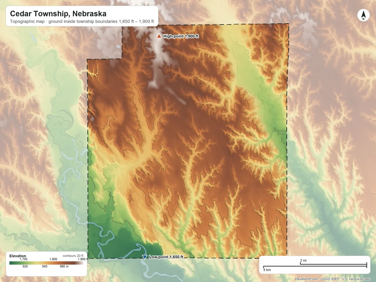 Topographic elevation map of Cedar Township, Nebraska, shaded from 1,650 ft on the southwest side to 1,900 ft on the northwest side
