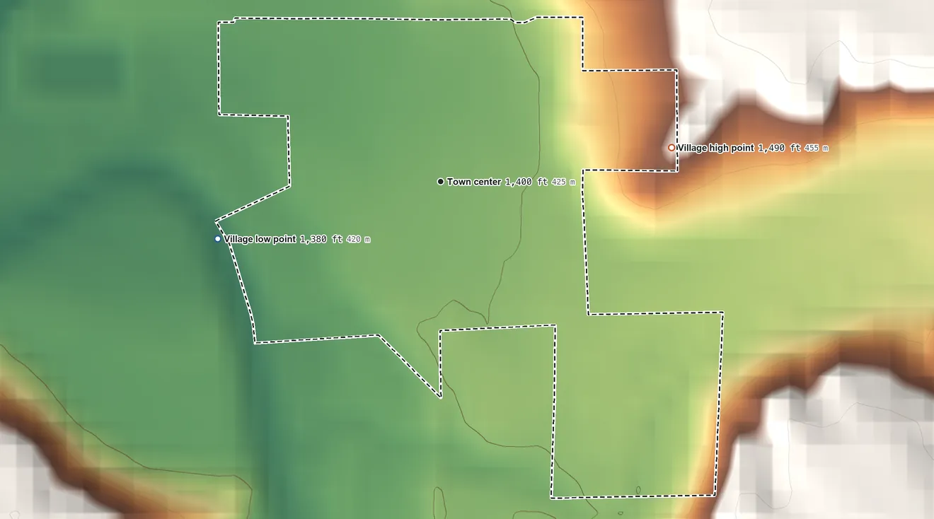 Topographic elevation map of Center, Nebraska, shaded from 1,380 ft on the west side to 1,490 ft on the east side