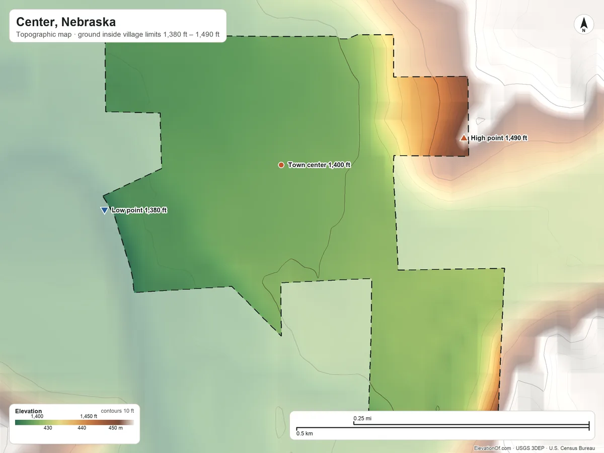 Topographic elevation map of Center, Nebraska, shaded from 1,380 ft on the west side to 1,490 ft on the east side