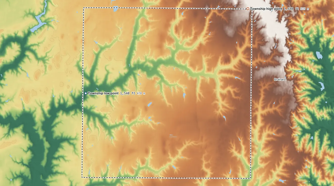 Topographic elevation map of Center Township, Butler County, Nebraska, shaded from 1,540 ft on the west side to 1,680 ft on the northeast side