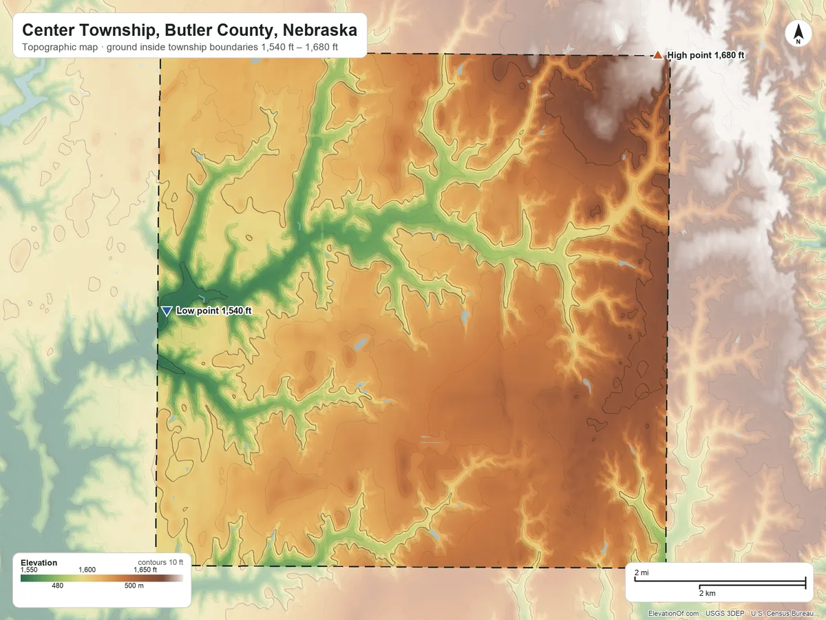 Topographic elevation map of Center Township, Butler County, Nebraska, shaded from 1,540 ft on the west side to 1,680 ft on the northeast side