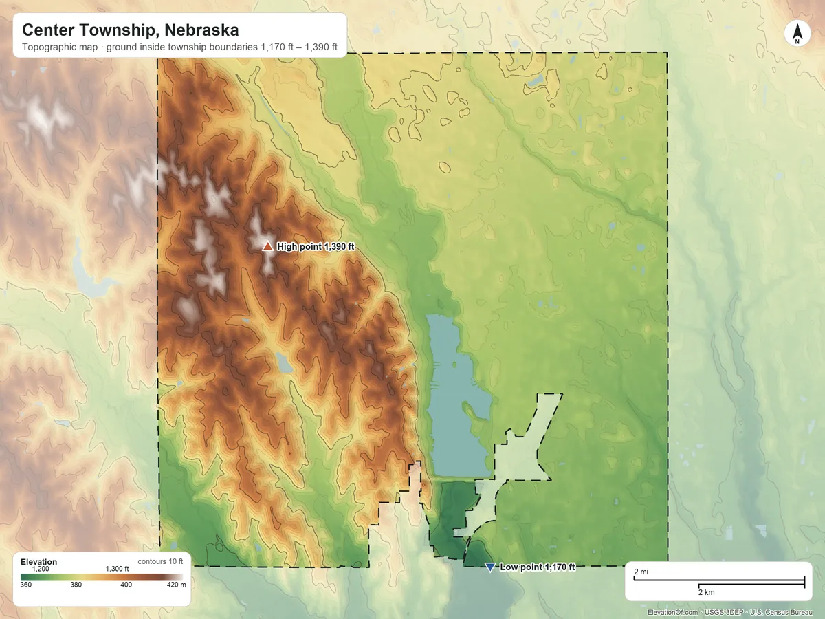 Topographic elevation map of Center Township, Nebraska, shaded from 1,170 ft on the southeast side to 1,390 ft on the northwest side