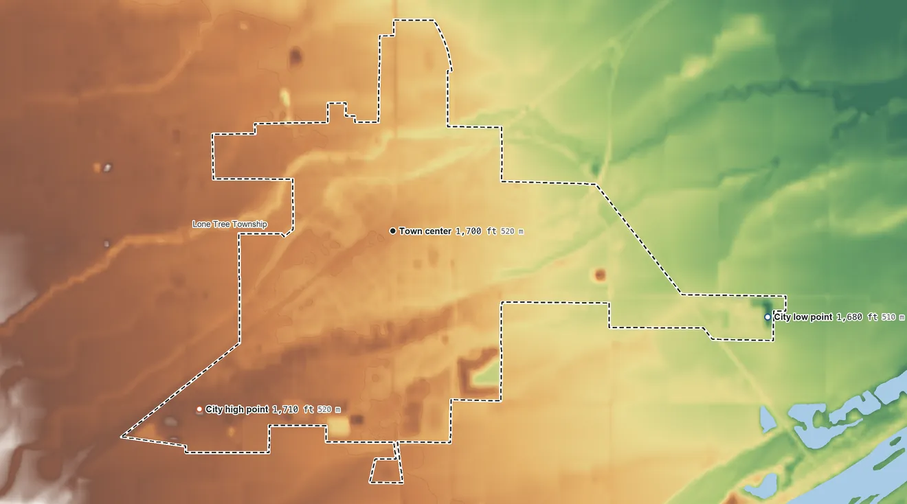 Topographic elevation map of Central City, Nebraska, shaded from 1,680 ft on the east side to 1,710 ft on the southwest side