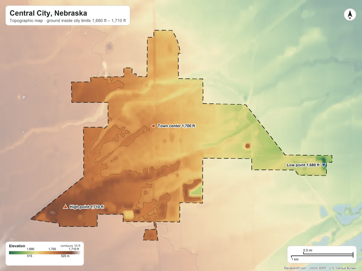 Topographic elevation map of Central City, Nebraska, shaded from 1,680 ft on the east side to 1,710 ft on the southwest side