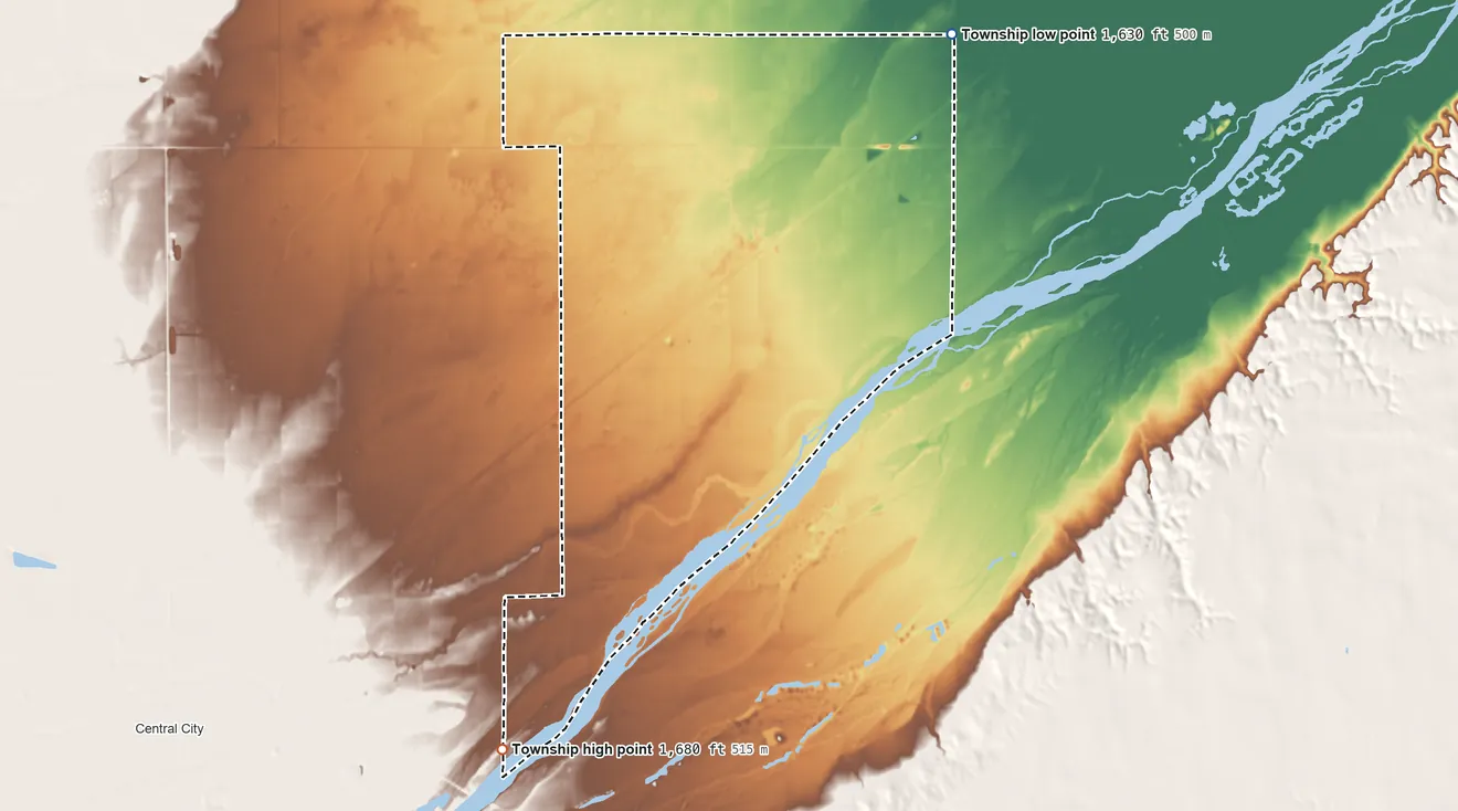 Topographic elevation map of Central Township, Merrick County, Nebraska, shaded from 1,630 ft on the northeast side to 1,680 ft on the south side