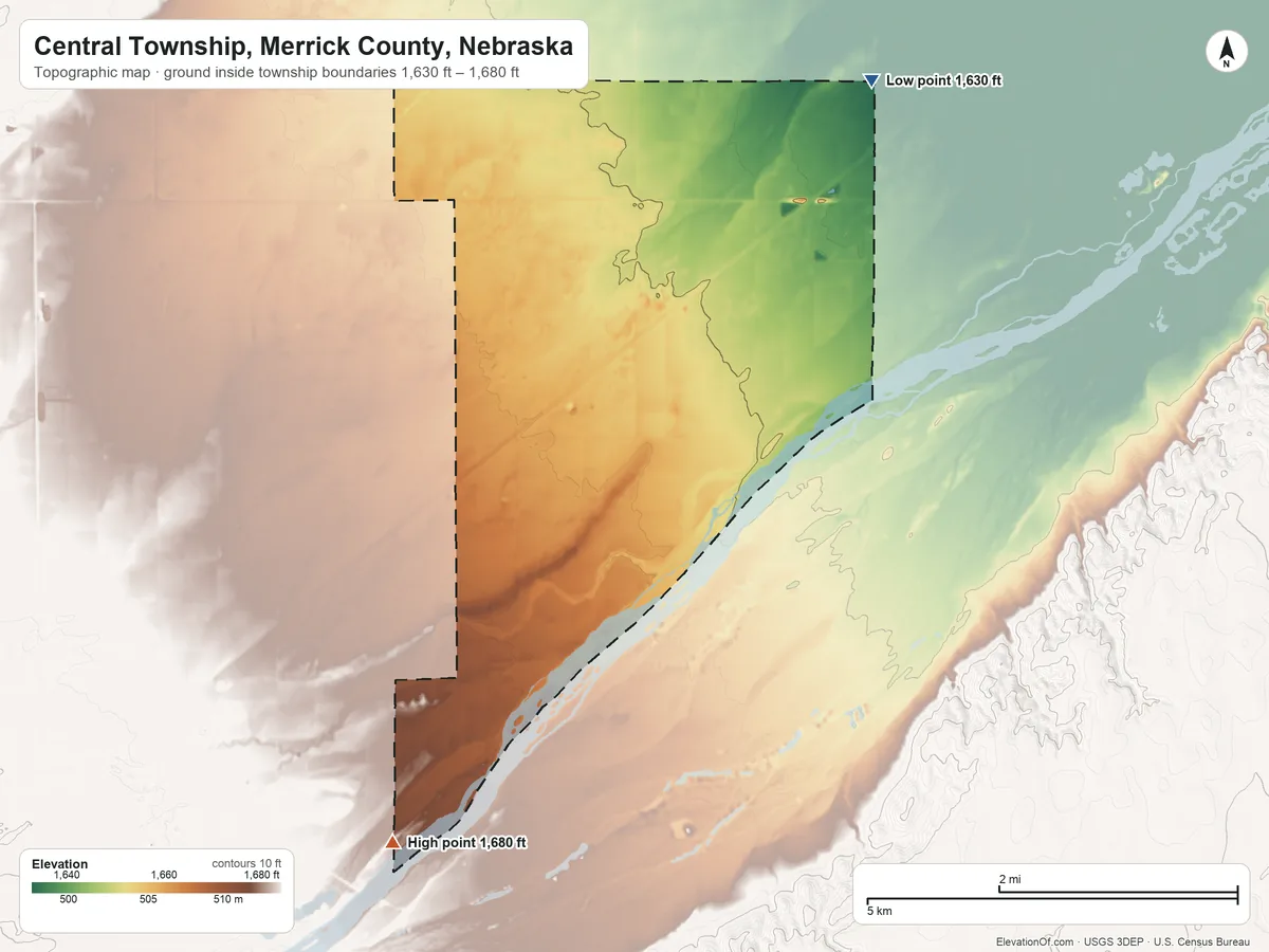Topographic elevation map of Central Township, Merrick County, Nebraska, shaded from 1,630 ft on the northeast side to 1,680 ft on the south side