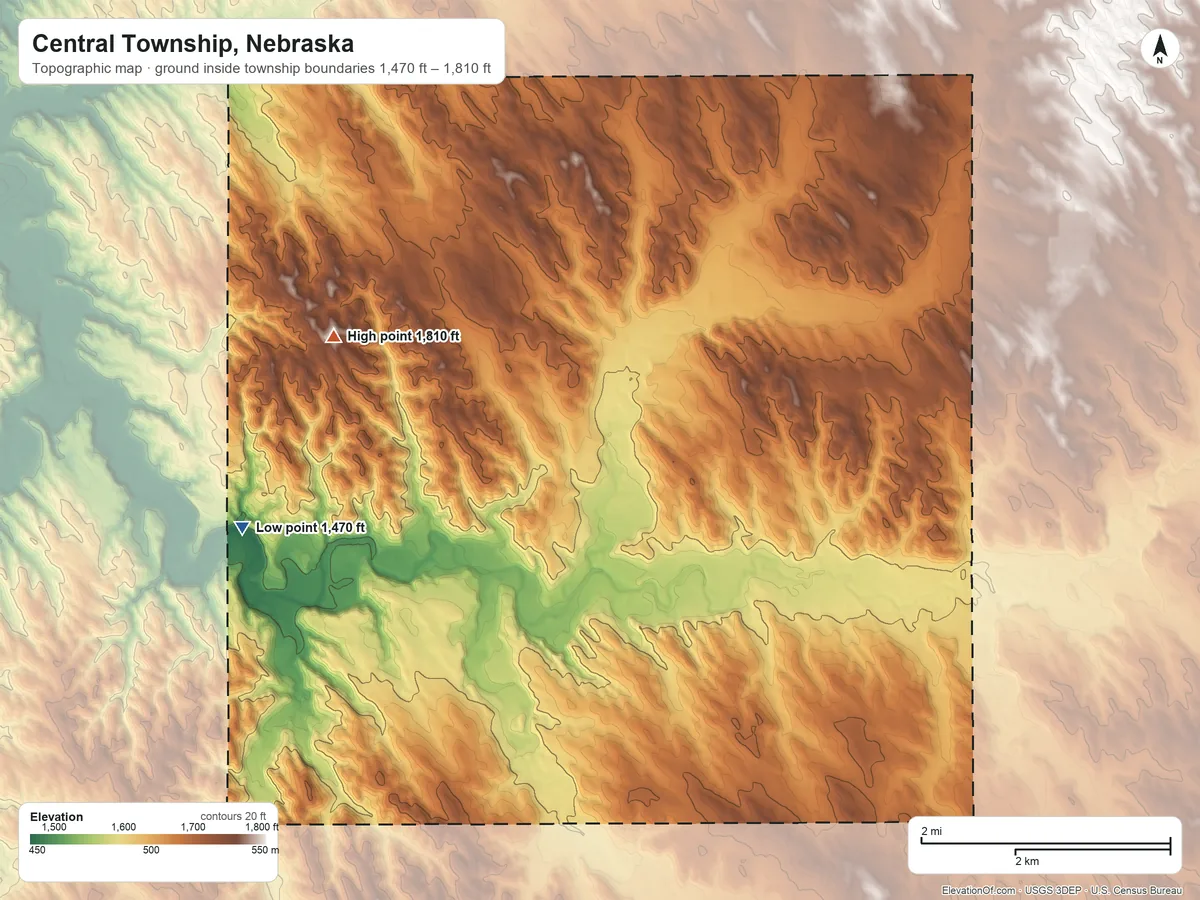 Topographic elevation map of Central Township, Nebraska, shaded from 1,470 ft on the west side to 1,810 ft on the northwest side