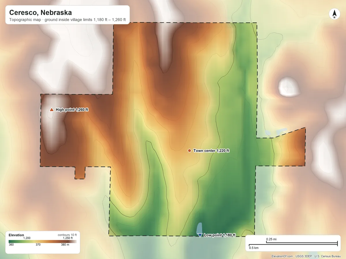 Topographic elevation map of Ceresco, Nebraska, shaded from 1,180 ft on the south side to 1,260 ft on the west side