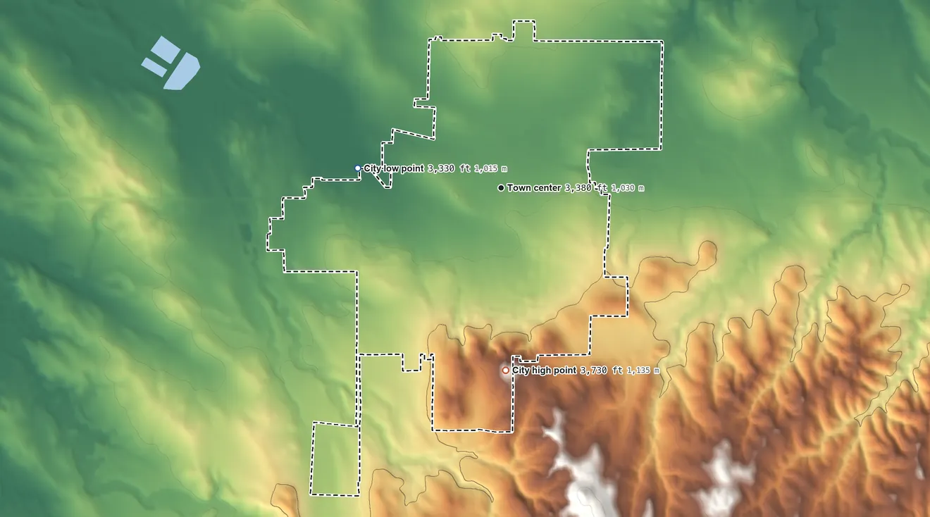 Topographic elevation map of Chadron, Nebraska, shaded from 3,330 ft on the west side to 3,730 ft on the south side