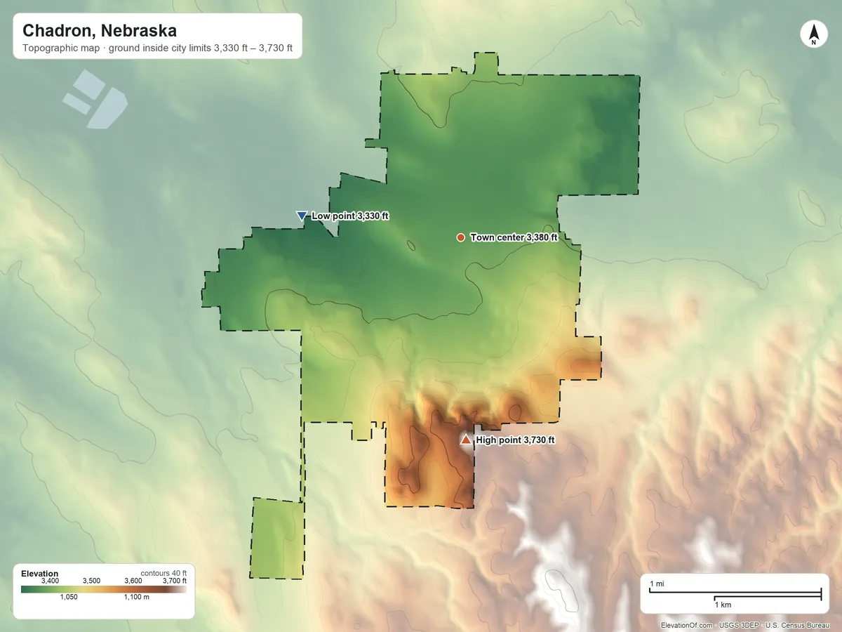 Topographic elevation map of Chadron, Nebraska, shaded from 3,330 ft on the west side to 3,730 ft on the south side
