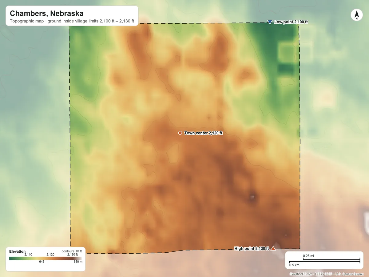 Topographic elevation map of Chambers, Nebraska, shaded from 2,100 ft on the northeast side to 2,130 ft on the southeast side