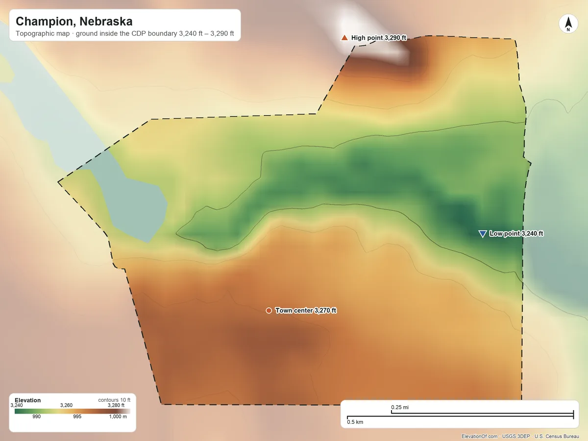 Topographic elevation map of Champion, Nebraska, shaded from 3,240 ft on the east side to 3,290 ft on the north side