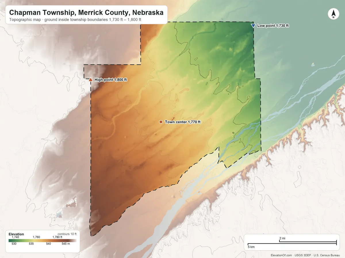 Topographic elevation map of Chapman Township, Merrick County, Nebraska, shaded from 1,730 ft on the northeast side to 1,800 ft on the northwest side