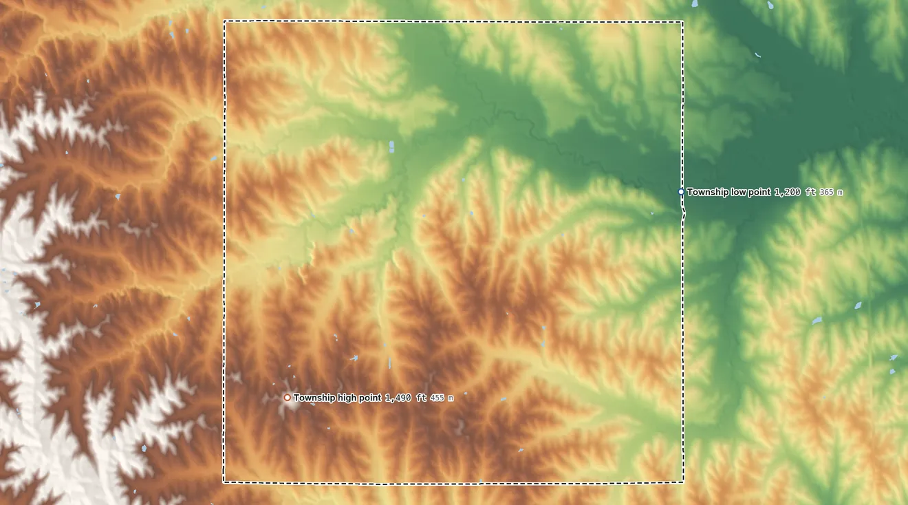 Topographic elevation map of Chapman Township, Nebraska, shaded from 1,200 ft on the east side to 1,490 ft on the southwest side