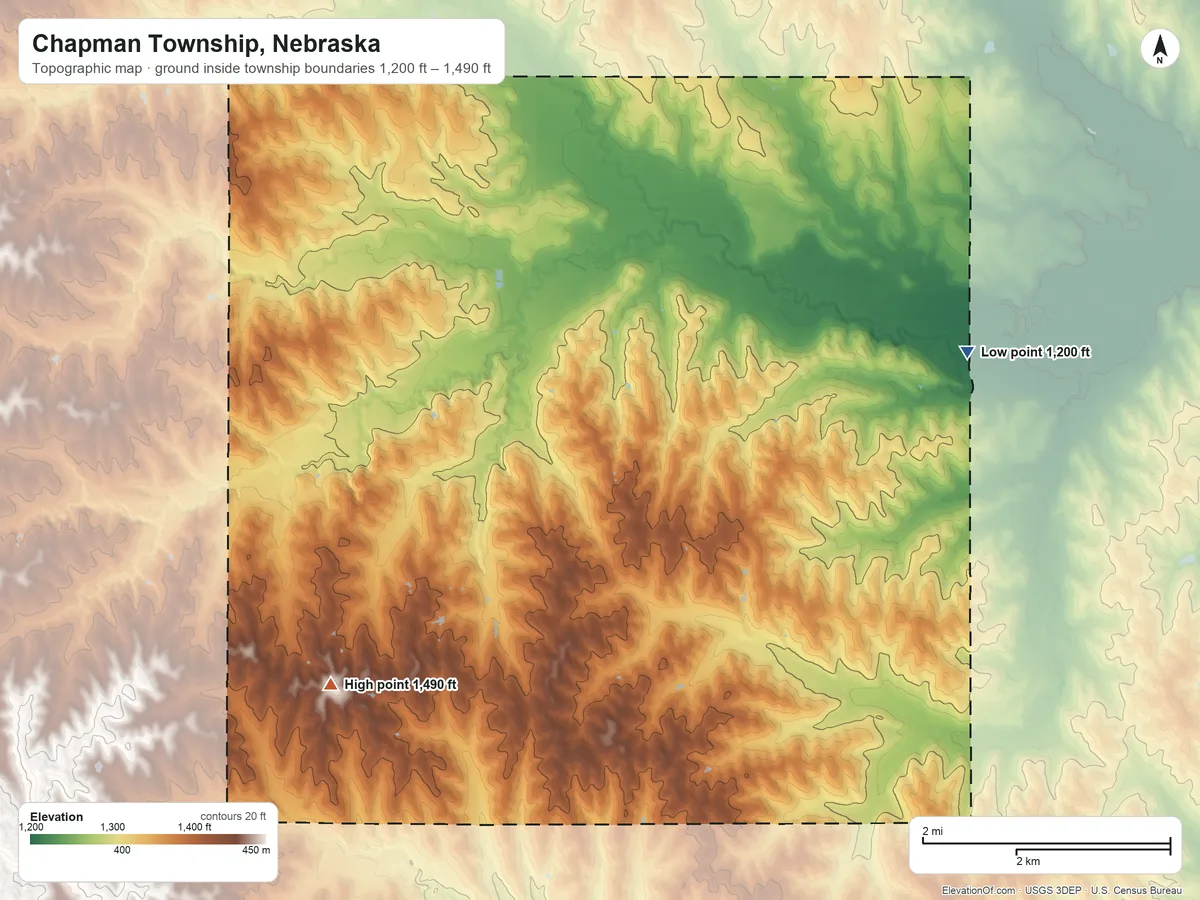 Topographic elevation map of Chapman Township, Nebraska, shaded from 1,200 ft on the east side to 1,490 ft on the southwest side