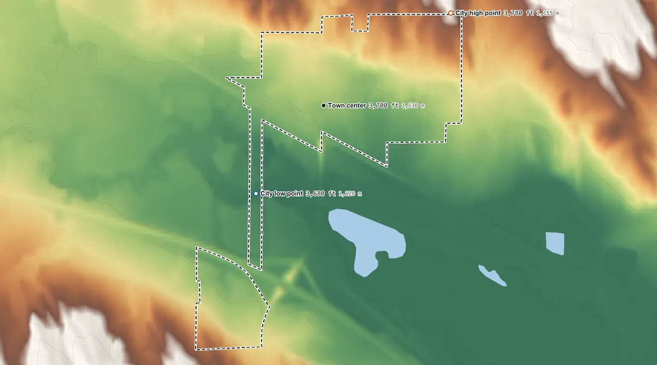 Topographic elevation map of Chappell, Nebraska, shaded from 3,680 ft on the southwest side to 3,780 ft on the northeast side