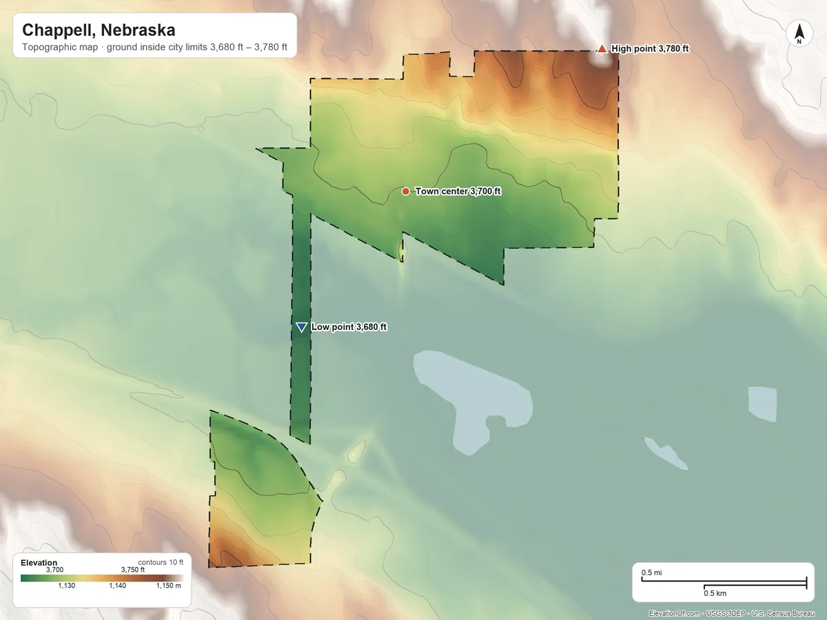 Topographic elevation map of Chappell, Nebraska, shaded from 3,680 ft on the southwest side to 3,780 ft on the northeast side
