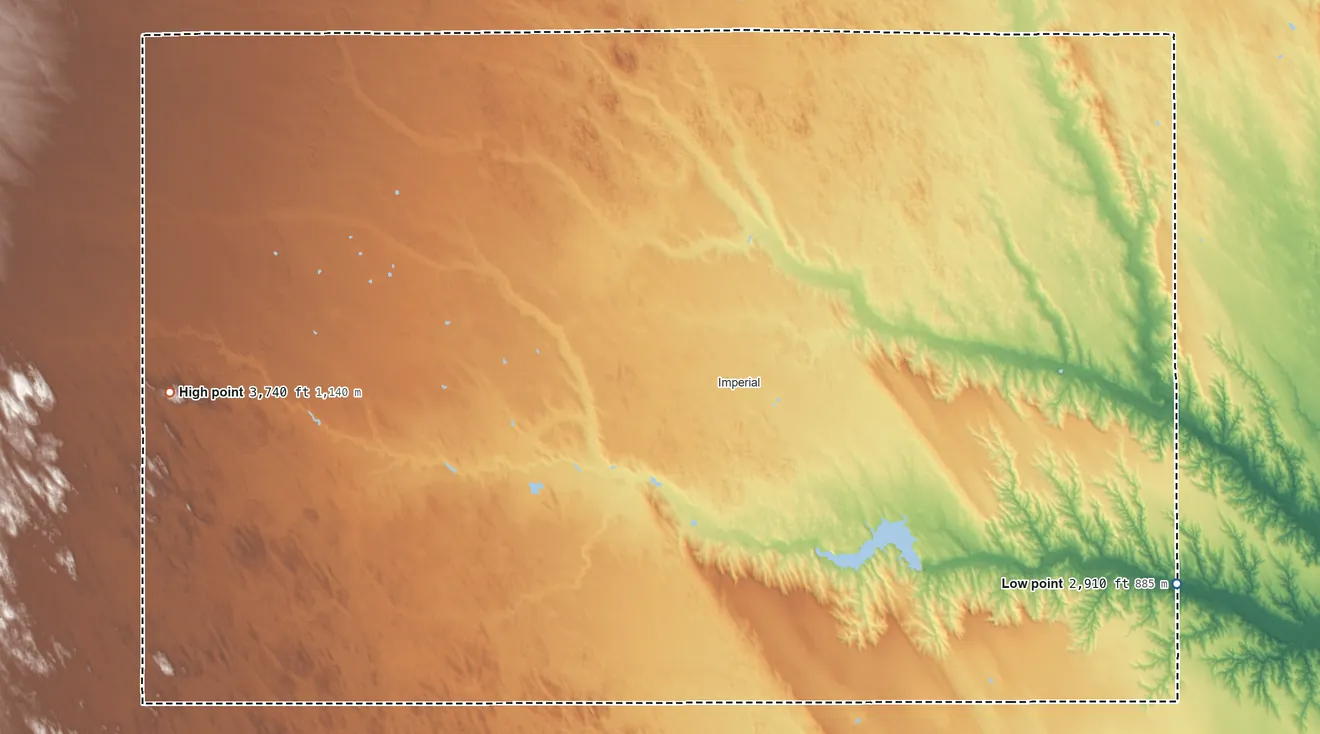 Topographic elevation map of Chase County, Nebraska, shaded from 2,910 ft on the southeast side to 3,740 ft on the west side