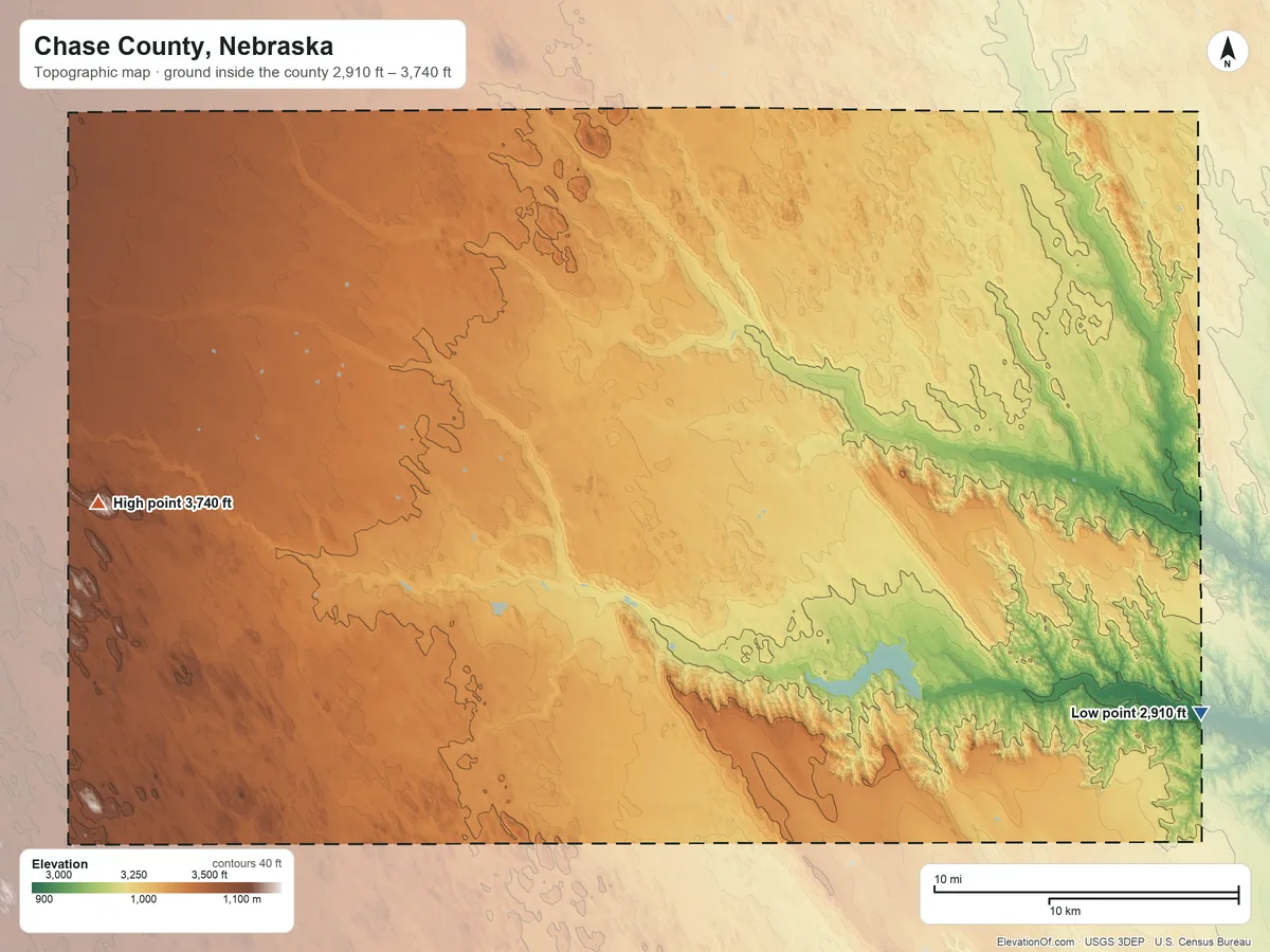 Topographic elevation map of Chase County, Nebraska, shaded from 2,910 ft on the southeast side to 3,740 ft on the west side