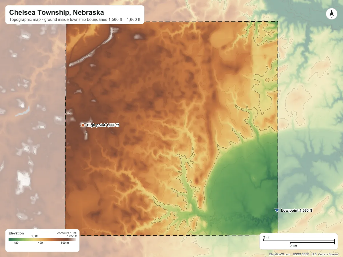 Topographic elevation map of Chelsea Township, Nebraska, shaded from 1,560 ft on the southeast side to 1,660 ft on the southwest side