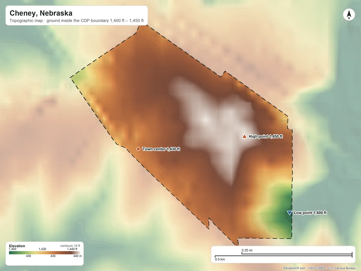 Topographic elevation map of Cheney, Nebraska, shaded from 1,400 ft on the southeast side to 1,450 ft on the east side