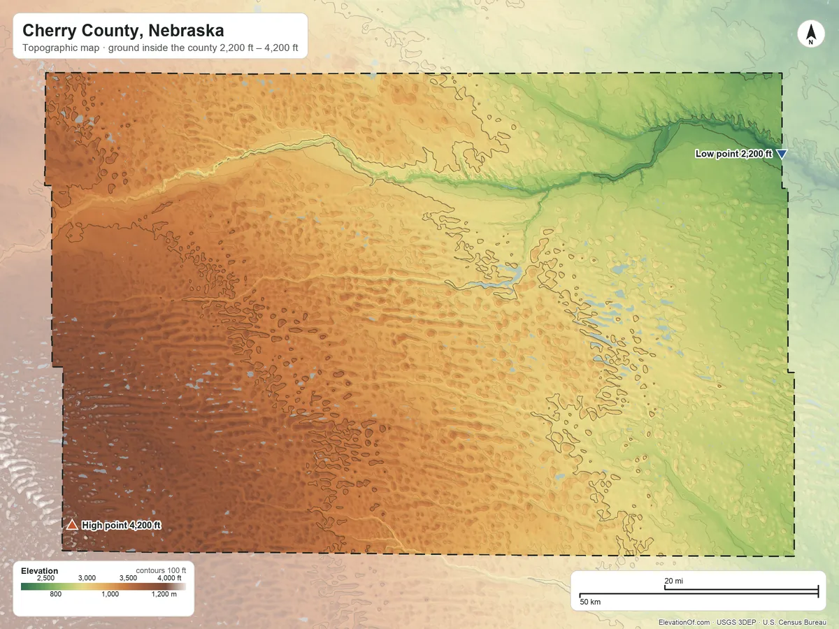 Topographic elevation map of Cherry County, Nebraska, shaded from 2,200 ft on the northeast side to 4,200 ft on the southwest side