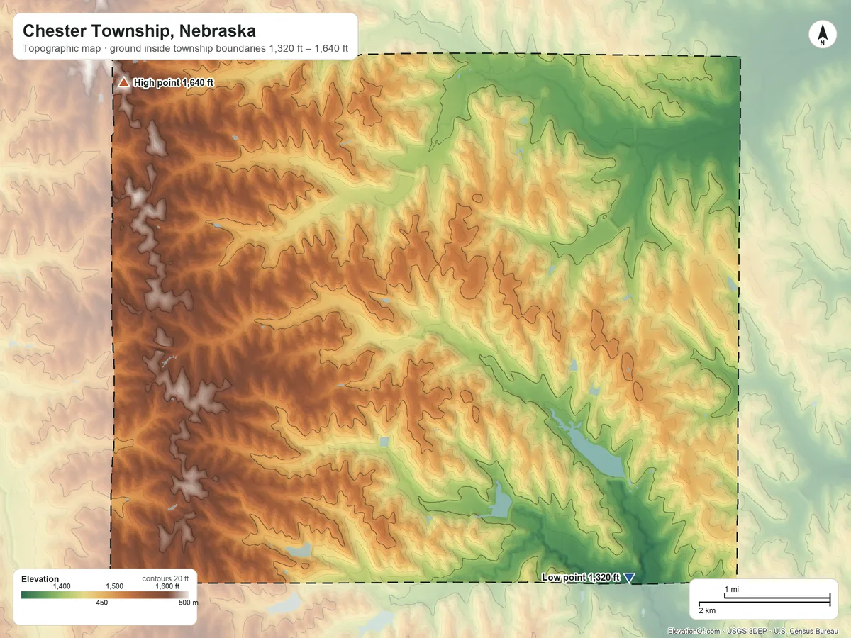 Topographic elevation map of Chester Township, Nebraska, shaded from 1,320 ft on the southeast side to 1,640 ft on the northwest side