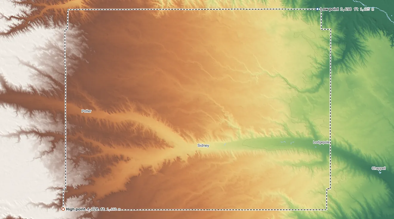 Topographic elevation map of Cheyenne County, Nebraska, shaded from 3,690 ft on the northeast side to 4,720 ft on the southwest side