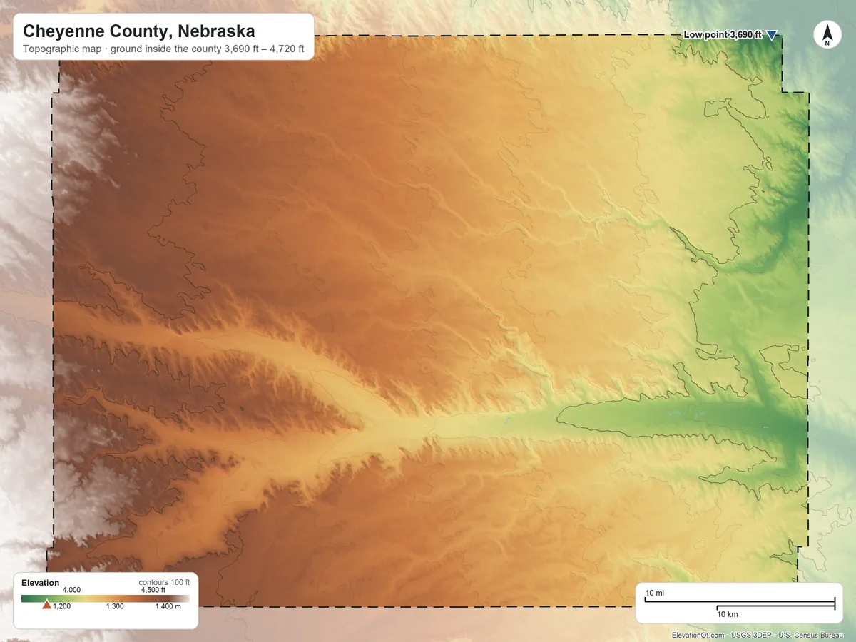Topographic elevation map of Cheyenne County, Nebraska, shaded from 3,690 ft on the northeast side to 4,720 ft on the southwest side