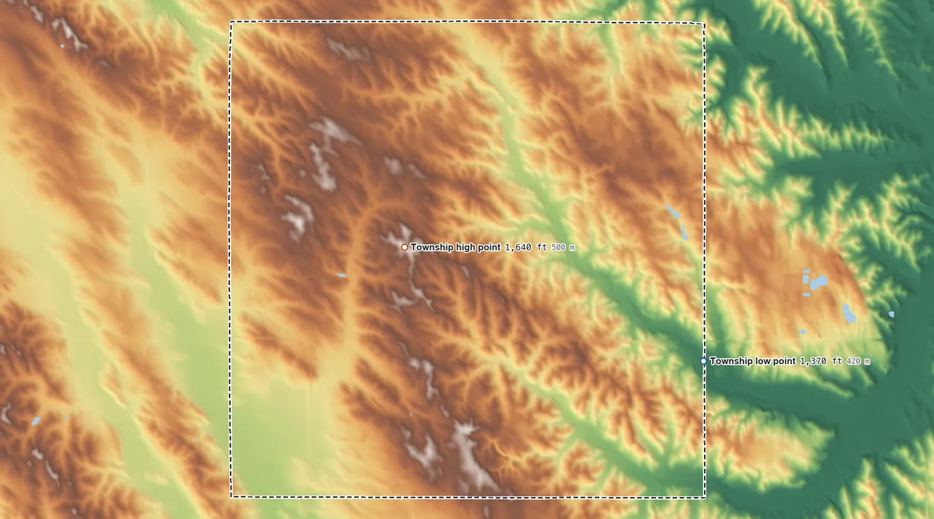 Topographic elevation map of Clark Township, Nebraska, shaded from 1,370 ft on the east side to 1,640 ft near the middle