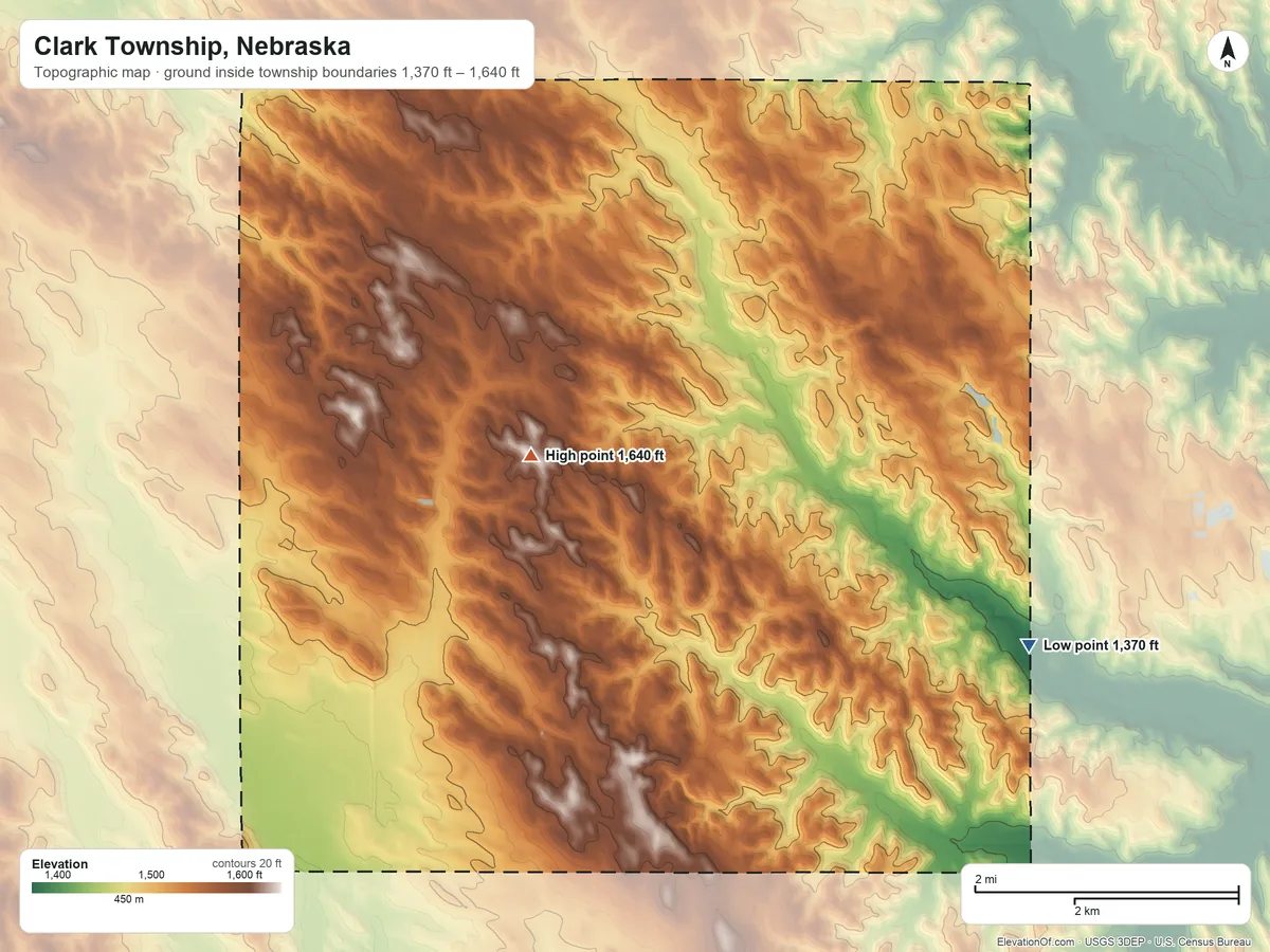 Topographic elevation map of Clark Township, Nebraska, shaded from 1,370 ft on the east side to 1,640 ft near the middle