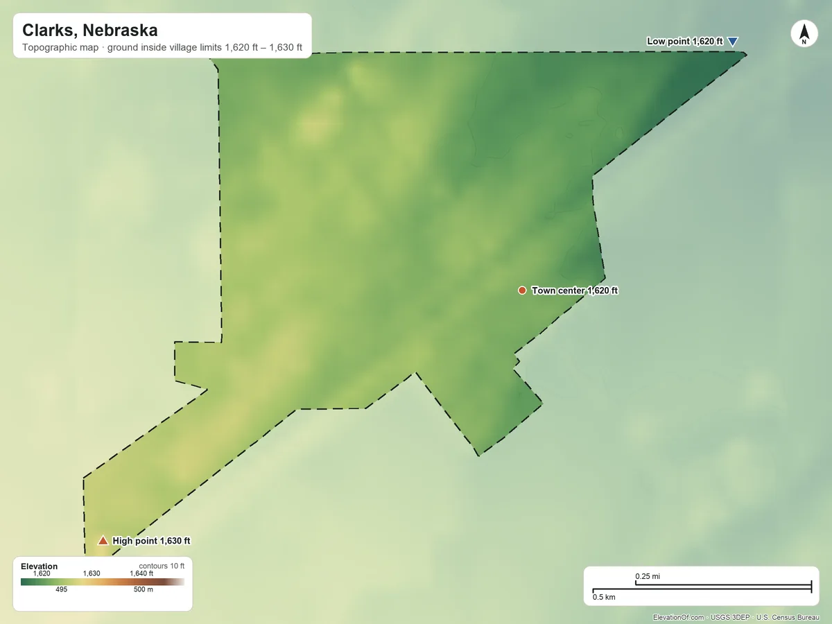 Topographic elevation map of Clarks, Nebraska, shaded from 1,620 ft on the northeast side to 1,630 ft on the southwest side