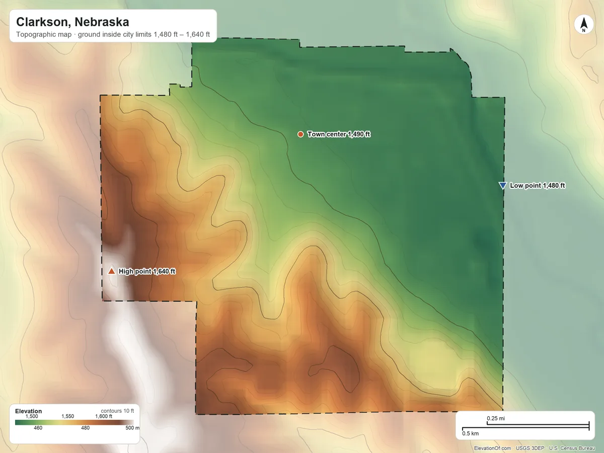 Topographic elevation map of Clarkson, Nebraska, shaded from 1,480 ft on the east side to 1,640 ft on the southwest side