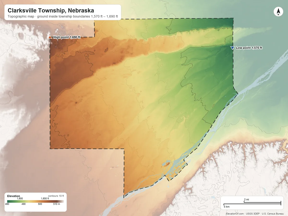 Topographic elevation map of Clarksville Township, Nebraska, shaded from 1,570 ft on the northeast side to 1,690 ft on the northwest side