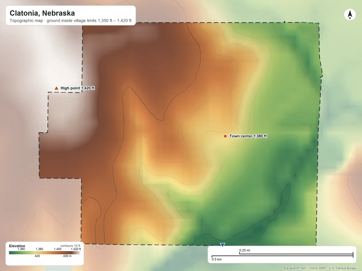 Topographic elevation map of Clatonia, Nebraska, shaded from 1,350 ft on the south side to 1,420 ft on the west side
