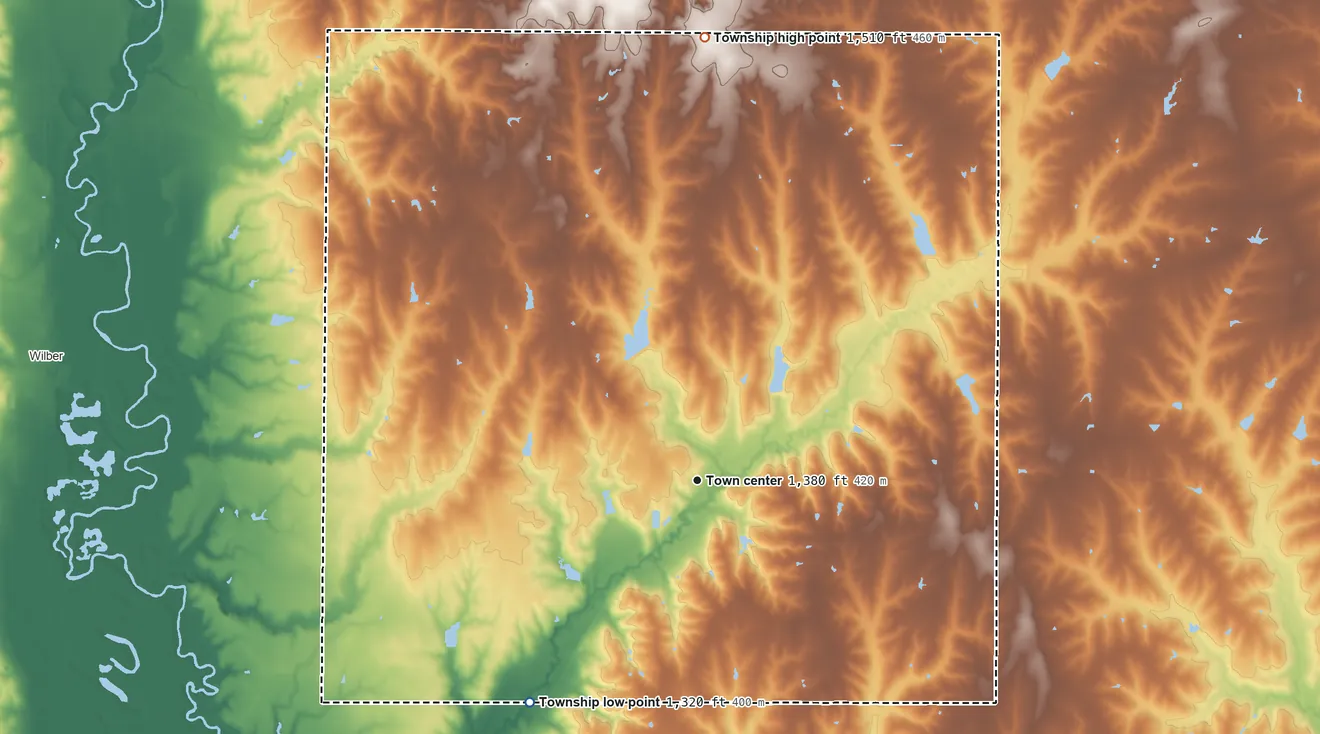 Topographic elevation map of Clatonia Township, Nebraska, shaded from 1,320 ft on the southwest side to 1,510 ft on the north side