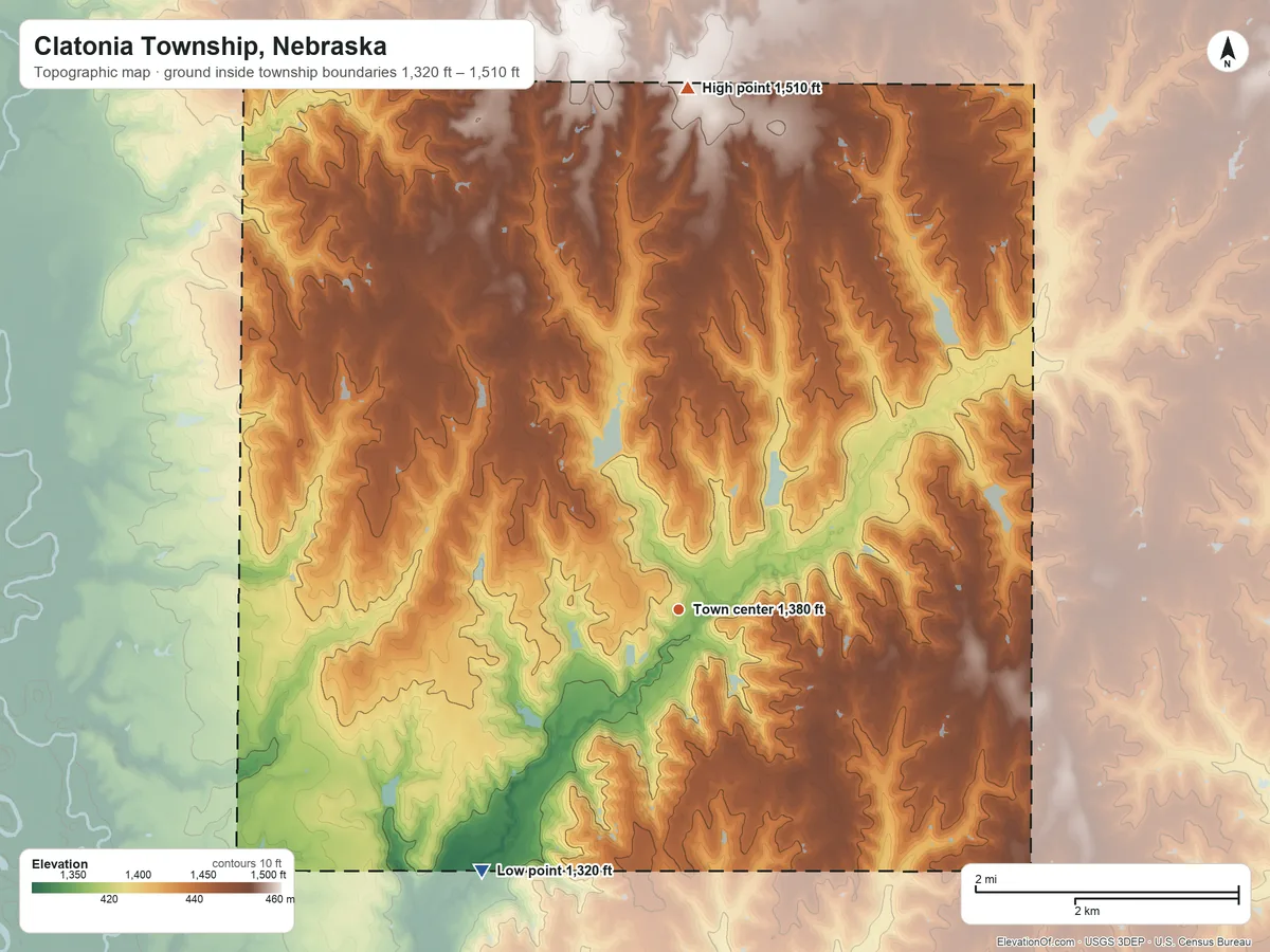 Topographic elevation map of Clatonia Township, Nebraska, shaded from 1,320 ft on the southwest side to 1,510 ft on the north side