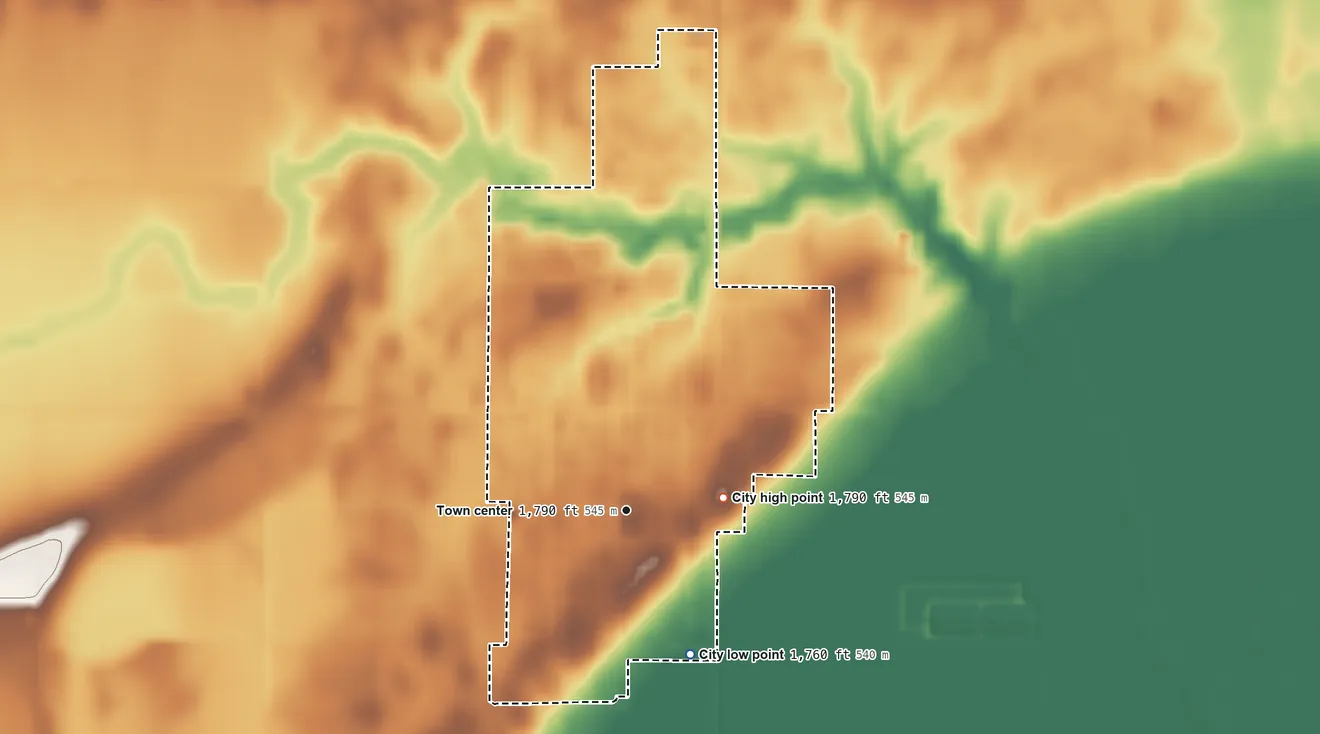 Topographic elevation map of Clay Center, Nebraska, shaded from 1,760 ft on the southeast side to 1,790 ft on the east side