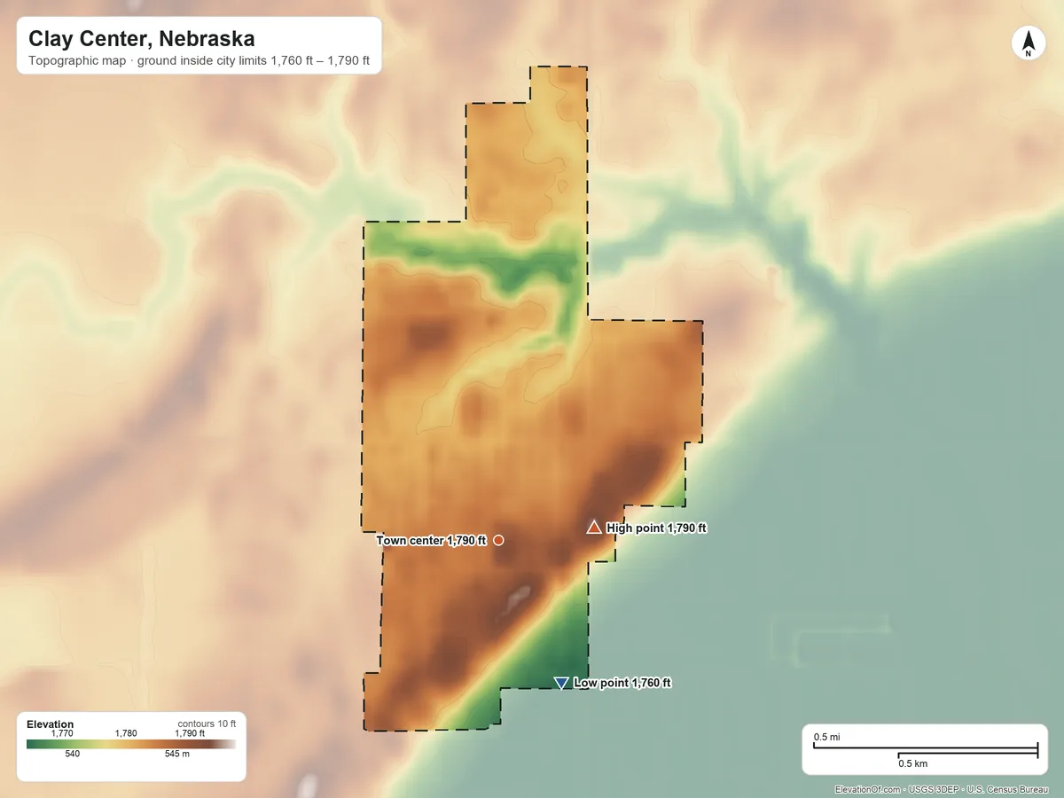 Topographic elevation map of Clay Center, Nebraska, shaded from 1,760 ft on the southeast side to 1,790 ft on the east side