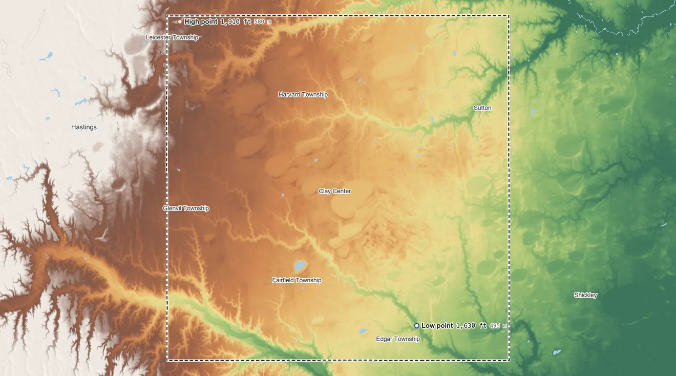 Topographic elevation map of Clay County, Nebraska, shaded from 1,630 ft on the southeast side to 1,910 ft on the northwest side