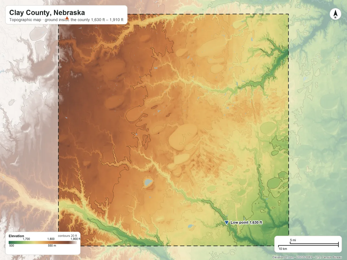 Topographic elevation map of Clay County, Nebraska, shaded from 1,630 ft on the southeast side to 1,910 ft on the northwest side