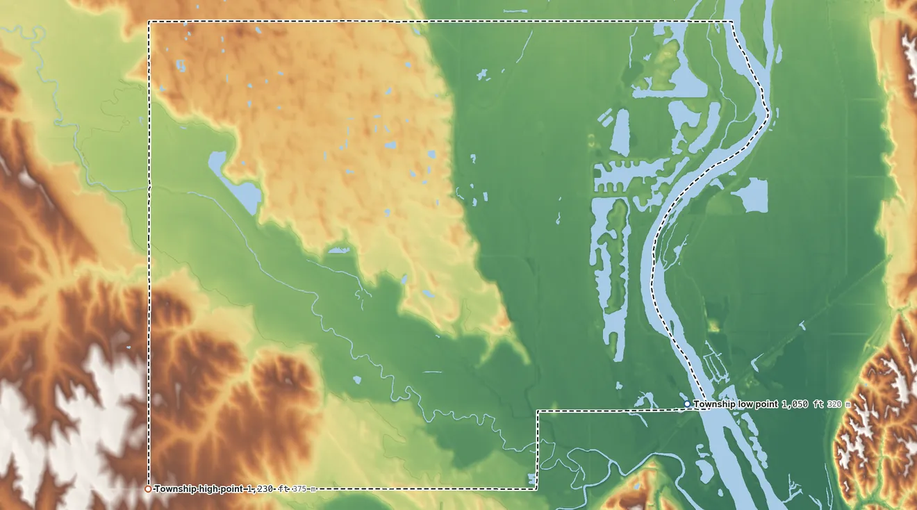 Topographic elevation map of Clear Creek Township, Nebraska, shaded from 1,050 ft on the southeast side to 1,230 ft on the southwest side