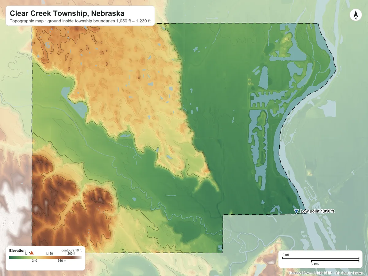 Topographic elevation map of Clear Creek Township, Nebraska, shaded from 1,050 ft on the southeast side to 1,230 ft on the southwest side