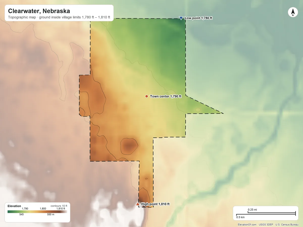 Topographic elevation map of Clearwater, Nebraska, shaded from 1,780 ft on the northeast side to 1,810 ft on the south side